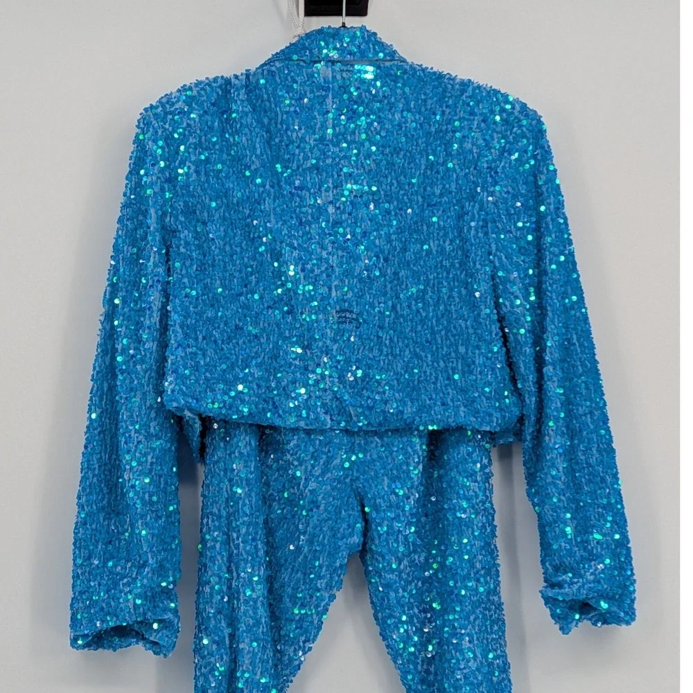 Nasty Gal $326 Size 6 Teal Blue Sequin Two Piece Set Cropped Blazer Flare Pants - Picture 10 of 16